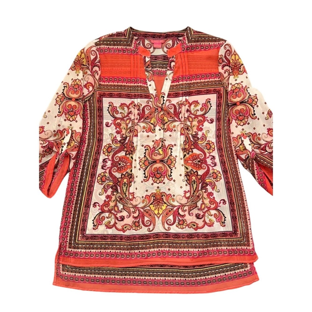 Sunny Leigh Women's Red and Orange Paisley Tunic Blouse 3/4 Button Sleeve